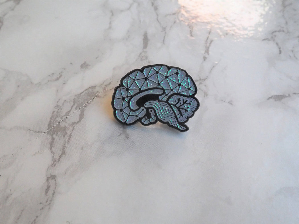 Circuit Sagittal Brain Enamel Pin - Blue Glitter